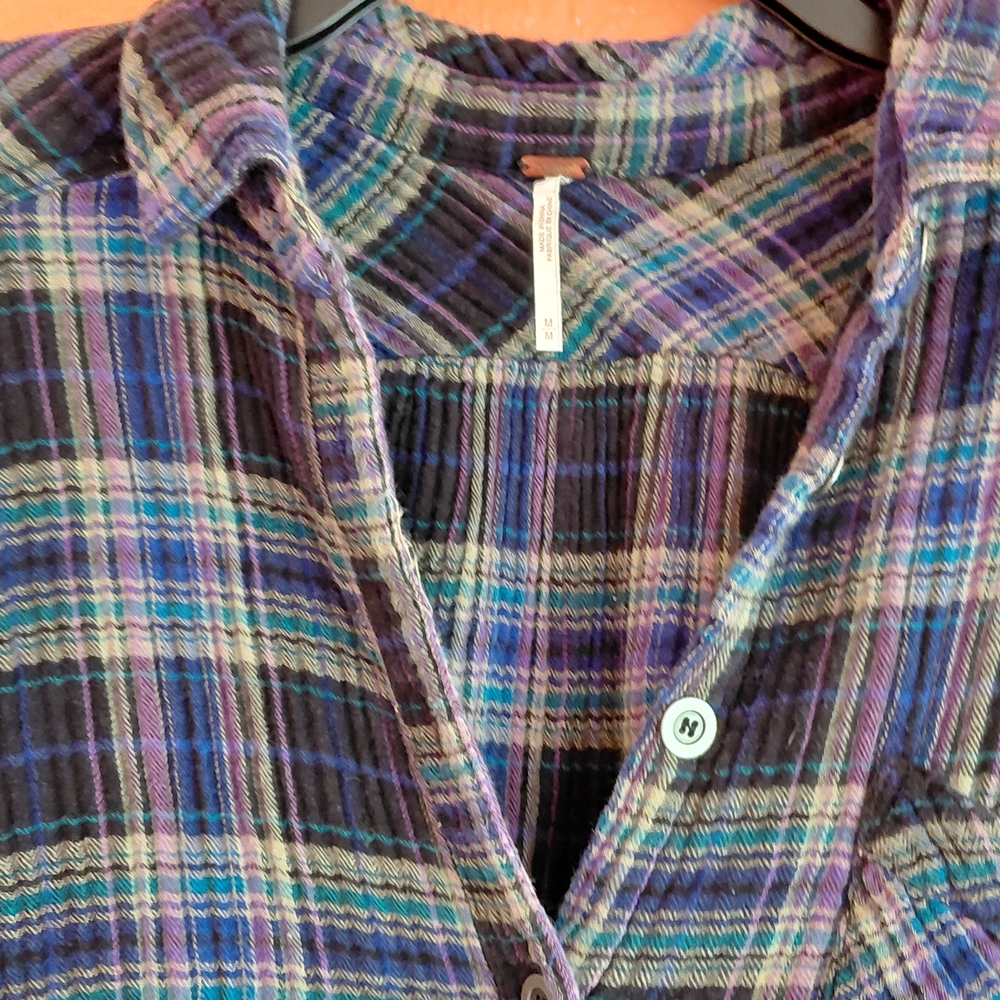 Free People Navy and Green Plaid Button-Down Shirt - Picture 8 of 16